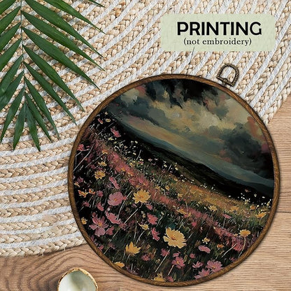 cvjutf Dark Academia Wildflower Wall Art Decor Framed, Vintage Moody Dark Cottagecore Floral Round Wall Decor, Rustic Country Flower Landscape Canvas Prints Art for Home Bedroom Living Room, 10x10In