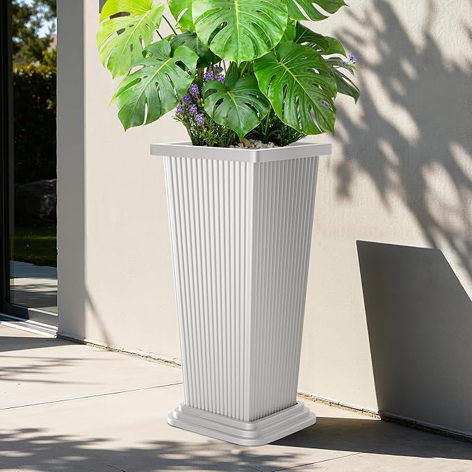 Tall Planters Set of 2, Large Indoor Outdoor Flower Pots with Tray Modern Tapered Planter for Patio, Garden, Porch, Backyard (White Ribbed 24")