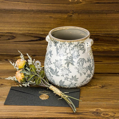 Vintage Grey Ceramic Ice Crack Glaze Flower Pot with Drainage Holes and With Handle, Country Rustic Planters for Indoor and Outdoor,Tuscan Decor,Home,Living Room, Garden Decor, Gardening Gift (Grey)