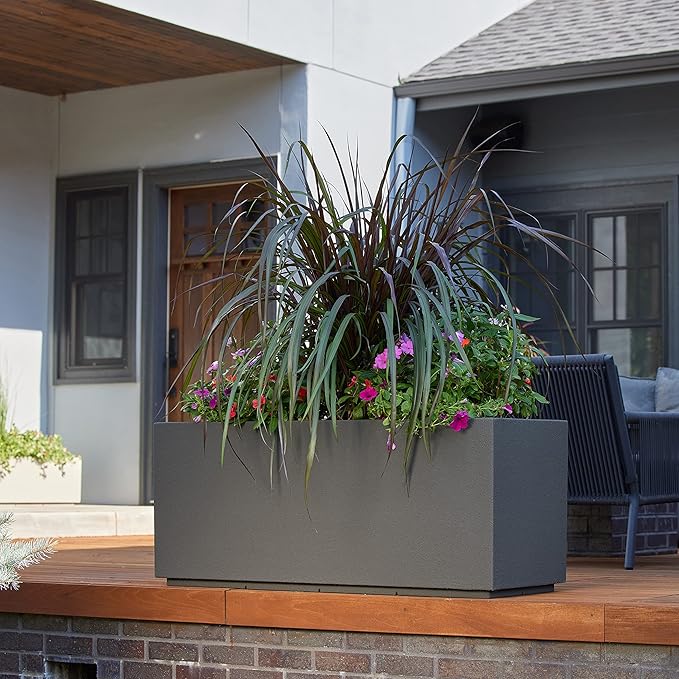 PolyStone Milan Tall Modern Outdoor/Indoor Rectangular Trough Planter, 46" L X 17" W X 19" H, Lightweight, Heavy Duty, Weather Resistant, Polymer Finish, Commercial and Residential (Slate Gray)