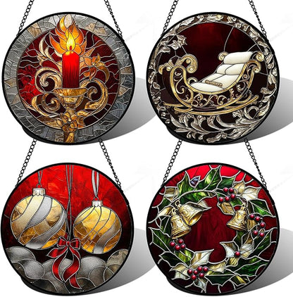 Stained Glass Window Hanging 4 Pcs Set Christmas Golden Bell Sleigh Large 11.8" - Suncatcher Door Garden Sun Catcher Decor Birthday Mother's Day Xmas Gifts for Mom Woman Nana Men Parents