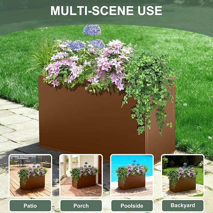 Tall Rectangular Planter Box, Metal Large Planters for Outdoor Plants, Flowers, with Drainage Holes (30" L x 12" W x 24" H, Brown)