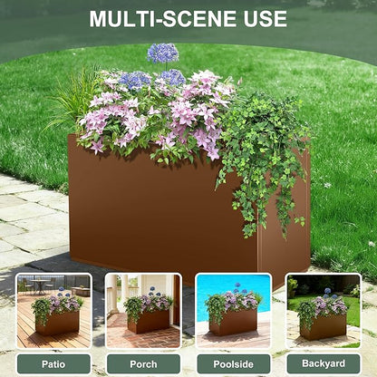 Tall Rectangular Planter Box, Metal Large Planters for Outdoor Plants, Flowers, with Drainage Holes (30" L x 12" W x 24" H, Brown)