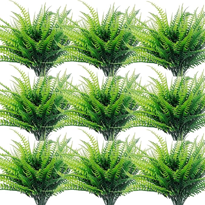 TURNMEON 12 Bundles Fake Boston Fern Artificial Plants Outdoor Spring Decor, UV Resistant Faux Plants Flowers Plastic Greenery Shrubs for Outside Indoor Home Gardens Patio Yards Porch Summer Decor