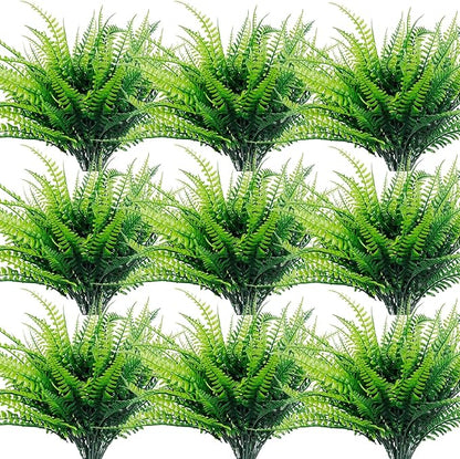 TURNMEON 12 Bundles Fake Boston Fern Artificial Plants Outdoor Spring Decor, UV Resistant Faux Plants Flowers Plastic Greenery Shrubs for Outside Indoor Home Gardens Patio Yards Porch Summer Decor