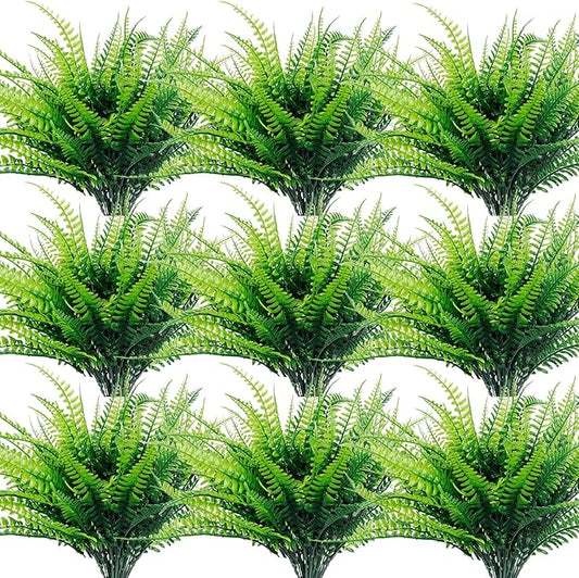 TURNMEON 12 Bundles Fake Boston Fern Artificial Plants Outdoor Spring Decor, UV Resistant Faux Plants Flowers Plastic Greenery Shrubs for Outside Indoor Home Gardens Patio Yards Porch Summer Decor