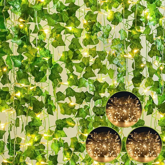 BLEUM CADE 30 Strands 210Ft Fake Vines for Bedroom with 98.4Ft String Lights, Cute Artificial Hanging Ivy Vines with Fake Leaves, Fake Plants for Christmas Party Garden Wall Room Decor
