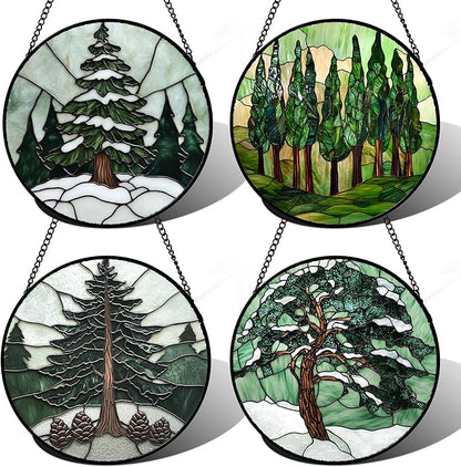 Stained Glass Window Hanging 4 Pcs Set Forest Green Trees Winter Snow 9.8" - Suncatcher Door Garden Sun Catcher Home Decor Birthday Mother's Day for Woman Nana Mom Men