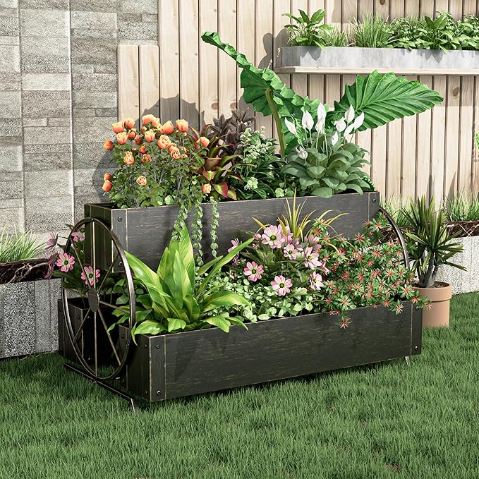 Metal Wagon Planter Box, 3-Tier Garden Planter with Wagon Wheels, Decorative Outdoor Planters for Flowers Herbs Vegetables, Flower Cart Small Raised Garden Bed for Patio, Balcony (Retro Gold)