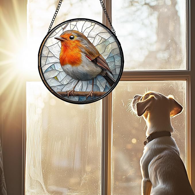 Stained Glass Window Hanging - Orange Grey Robin Sun Catcher for Door Garden Home Decor Bird Lovers Suncatcher Christmas Mother's Day Birthday Gifts for Women Men Mom Nana 11.8 in