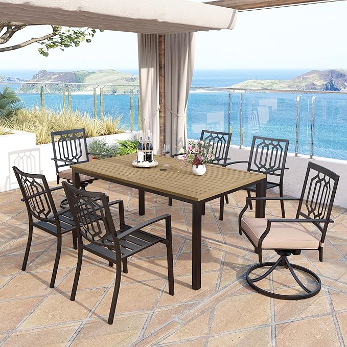 MFSTUDIO Outdoor Dining Set for 6, Metal Patio Table and Chairs Set with Umbrella Hole, 7 Piece Patio Dining Set with Stackable and Swivel Chairs