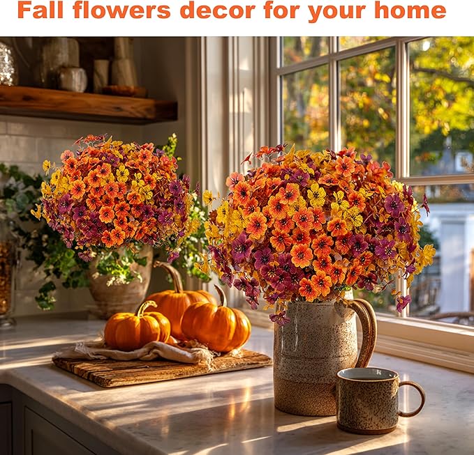 Artificial Fall Flowers for Outdoor Fake Mums - 16 Bundles Fake Plants UV Resistant No Fade Faux Plastic Greenery Garden Porch Patio Home Decor(16, BrownOrangeYellow)