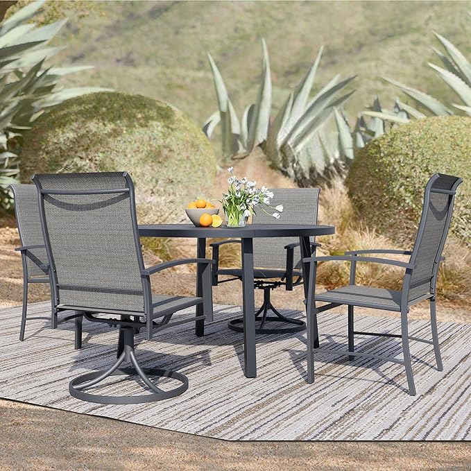 5 Piece Outdoor Dining Set, 42" Black Round Outdoor Dining Table with 2 Grey Swivel Outdoor Dining Chairs and 2 Fixed Patio Table and Chair Set of 4 for Lawn, Garden, or Porch