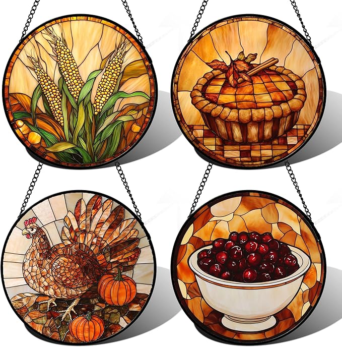 Stained Glass Window Hanging 4 Pcs Set Brown Turkey Berry Corn 9.8" - Suncatcher Door Garden Sun Catcher Decor Birthday Thanksgiving Mother's Day for Mom Woman Nana Men