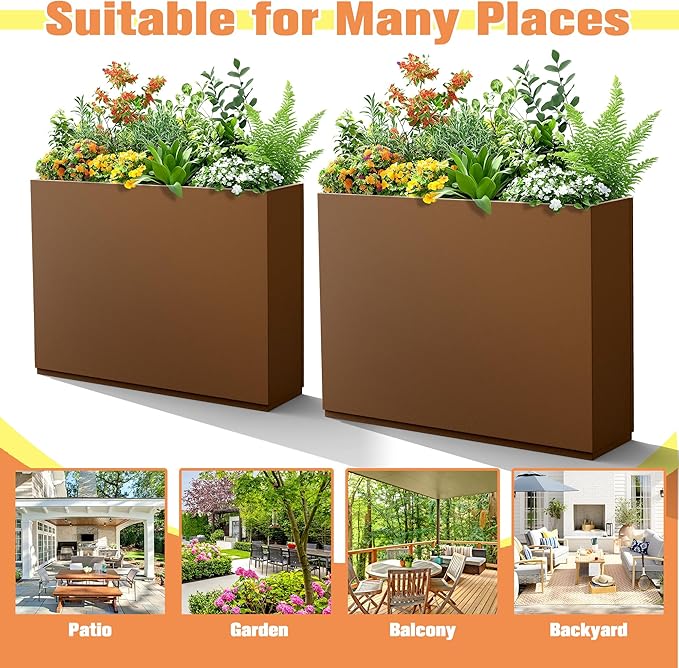Rectangle Planter for Indoor & Outdoor, Tall and Long Planter Boxes with Drainage Holes, Mental Divider Planter Box All-Weather Use for Plants, Flowers, 35" L x 9" W x 26" H, Brown