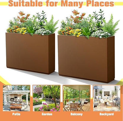 Rectangle Planter for Indoor & Outdoor, Tall and Long Planter Boxes with Drainage Holes, Mental Divider Planter Box All-Weather Use for Plants, Flowers, 35" L x 9" W x 26" H, Brown