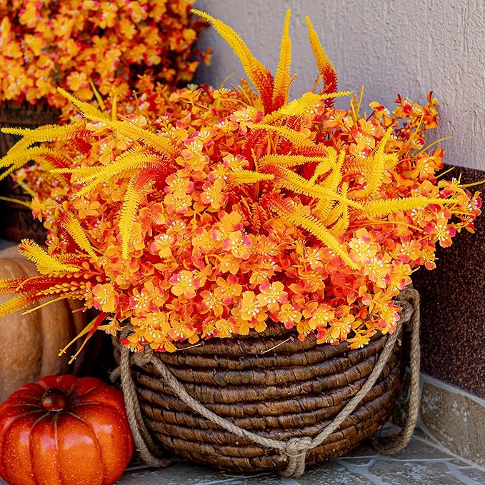 Artificial Fall Flowers for Outdoors Fake Mums - 16 Bundles Faux Fall Decor Plants No Fade Shrubs (16, OrangeYellow)