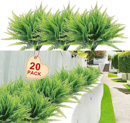 20 Bundles Artificial Boston Fern Plants – Lifelike UV Resistant Fake Plants for Outdoor & Indoor, Faux Greenery Stems for Garden, Porch, Patio, Yard, Home, Office Decor