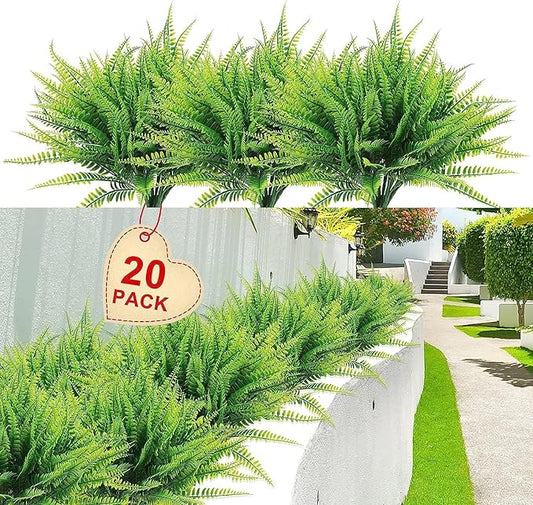 20 Bundles Artificial Boston Fern Plants – Lifelike UV Resistant Fake Plants for Outdoor & Indoor, Faux Greenery Stems for Garden, Porch, Patio, Yard, Home, Office Decor