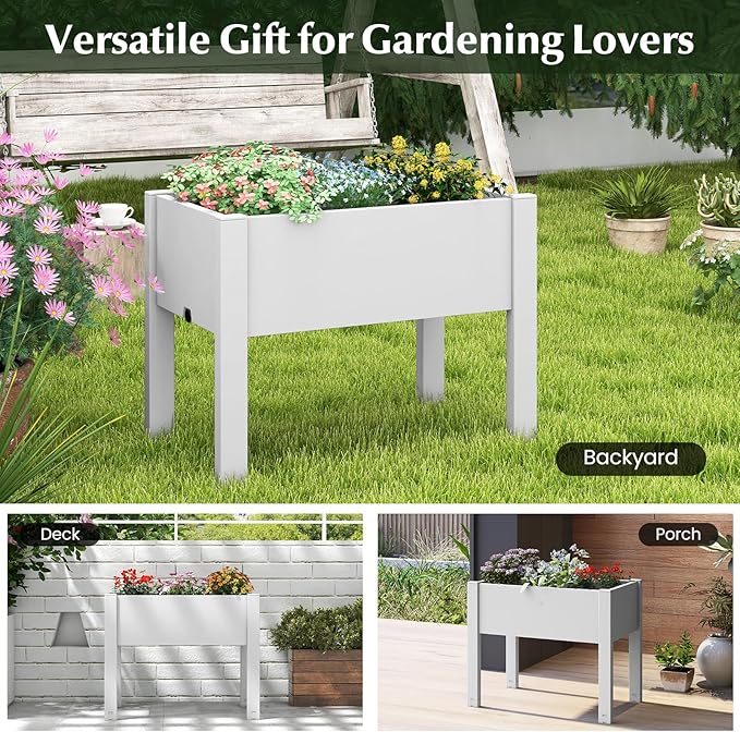 Giantex Raised Garden Bed with Legs, Self-Watering Planter Box with Water Level Indicator, Drainage Hole & Detachable Space Dividers, Outdoor Plant Container for Flower, Vegetable, Fruit, Herb (White)