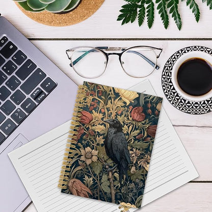 XPH William Morris Crow Spiral Notebook, Dark Cottagecore Journaling Notebooks for Note Taking, Vintage Floral Raven Hardcover Journal for Writing 160 Pages 5.5 x 8.3 Inch, Crow Gifts for Women