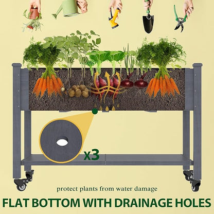 MUPATER 4 x 2FT Raised Garden Bed, Elevated Garden Bed with Drainage Holes, Planter Box with Four Wheels and Legs for Herbs and Vegetables, Greenhouse, Garden, Farm, Gray