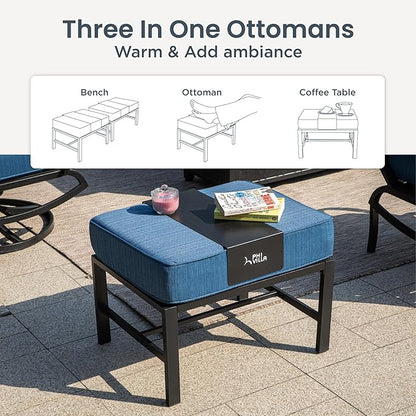 PHI VILLA 6 Piece Patio Furniture Sets with 1 x 3-Seat Deep Seating Bench, 2 x Cushioned Swivel Sofa Chairs, 1 x Coffee Table & 2 Ottoman, Outdoor Metal Conversation Set for Lawn Garden, Peacock Blue