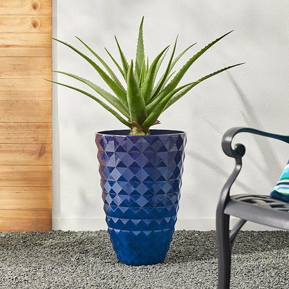 Glitzhome 19.75"H Tall Planters for Outdoor Plant,Tall Outdoor Planters with Drainage Holes,Faux Ceramic Diamond Textured,Large Gradient Cobalt Blue Planter Garden Flower Pots for Porch,Patio,Set of 2
