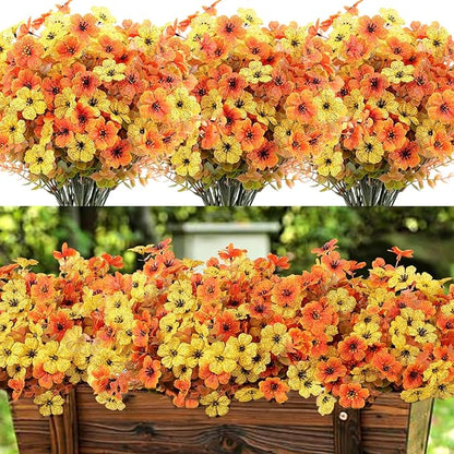 20 Bundles Artificial Fake Mums Flowers for Outdoor Faux Silk Orange Yellow Daisy Realistic UV Resistant No Fade Fake Plants Flowers for Planter Porch Patio Indoor Thanksgiving Decor