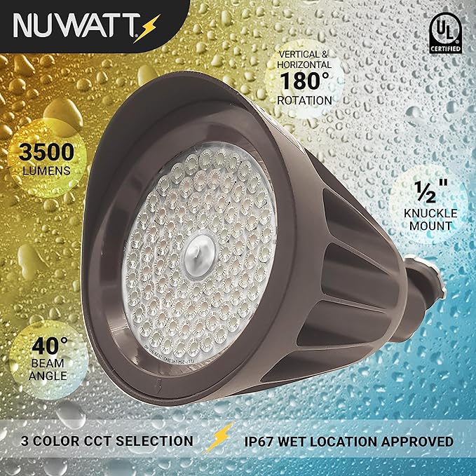 NUWATT 25W LED Bullet Spot Light for Outdoor Landscapes, 3500 LM Bright Illumination for Yard, 3000K/4000K/5000K Selectable, 1/2" Knuckle Mount, 120-277V Waterproof Flag Pole Light (12-Pack)