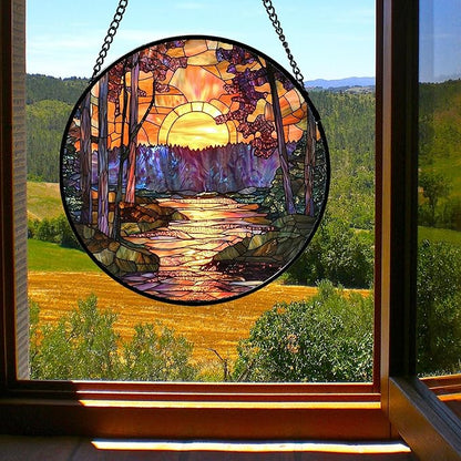 Stained Glass Window Hanging, Orange Landscape Green Purple Lake Forest Suncatcher for Doors Window Home Sun Catchers Decor Mother's Day Birthday Gifts for Women Men Mom 6.3 in