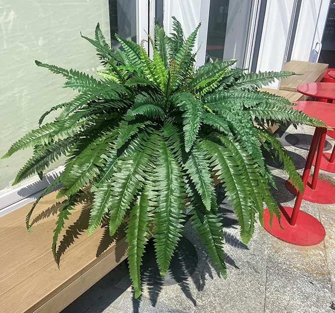 Fake Ferns, 48in Large Artificial Ferns for Outdoors & Indoors, 88 Fronds Lifelike Silk Faux Fern Greenery Plants Ideal for Porch Planters Windowsill Garden Home Decor, Potted or Hanging, UV Resistant