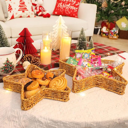 Star Wicker Basket, Rattan Basket, Decorative Basket, Star Plates, Woven Basket for Gifts, Christmas Stars, Christmas Serving Dishes and Platters, Oat milk, Resin Wicker Set of 2