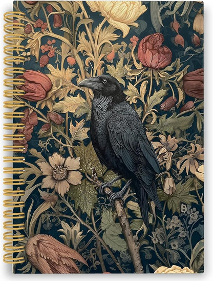 XPH William Morris Crow Spiral Notebook, Dark Cottagecore Journaling Notebooks for Note Taking, Vintage Floral Raven Hardcover Journal for Writing 160 Pages 5.5 x 8.3 Inch, Crow Gifts for Women