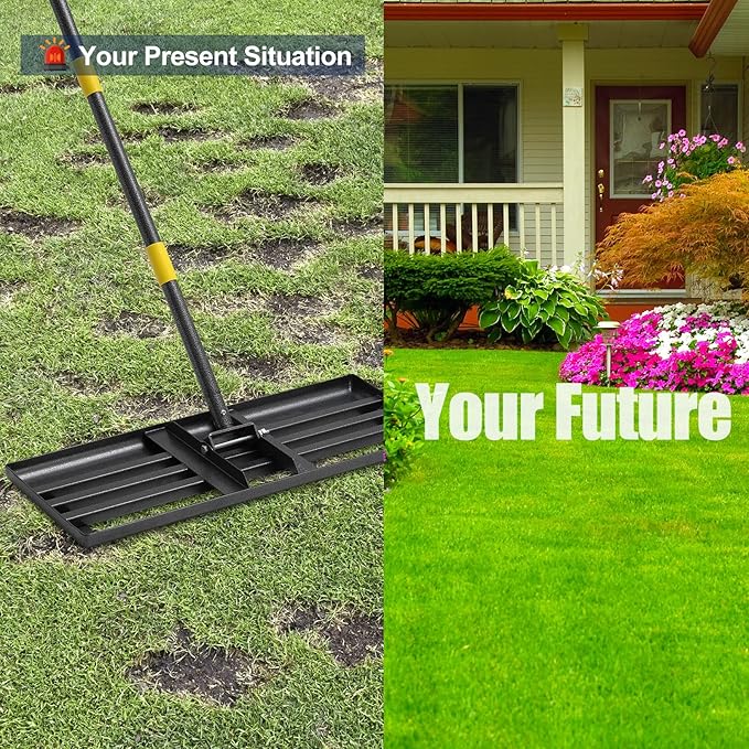 Lawn Leveling Rake 30"x10" for Lawn Care - 60in Extendable Stainless Steel Handle with Ergonomic Grip | Professional Grass Leveling Tool for Golf Courses, Soccer Fields, Backyard Turf Maintenance