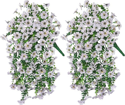 HyeFlora Artificial Flowers for Outdoors Fake Hanging Decoration, 2Pcs White Spring Summer Decor, Realistic Plants, UV & Fading Resistant Silk Flower for Porch Patio Balcony Planter Yard Home Garden