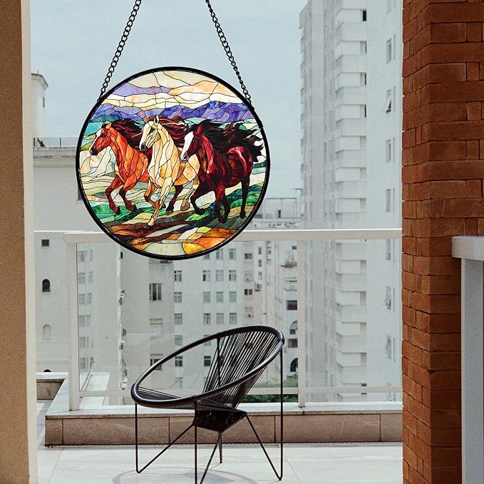 Stained Glass Window Hanging, Colorful Landscape Running Horse Suncatcher for Doors Window Home Sun Catchers Decoration Mother's Day Birthday Gifts for Women, Men, and Mom 15x15 in