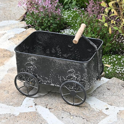 Flower Cart with Wooden Handles, Metal Wagon Planters for Outdoor Plants, Garden Planter with Wagon Wheels, Decorative Wheelbarrow, Plant Cart for Patio Garden Balcony (Black)