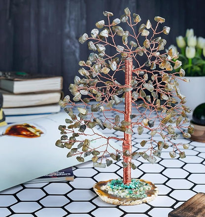 Labradorite Crystal Tree of Life - Handmade Gemstone With Geode Agate Slice Base, Chakra and Feng Shui Decor, Money Tree, Spiritual Gift, Artificial Healing Crystal