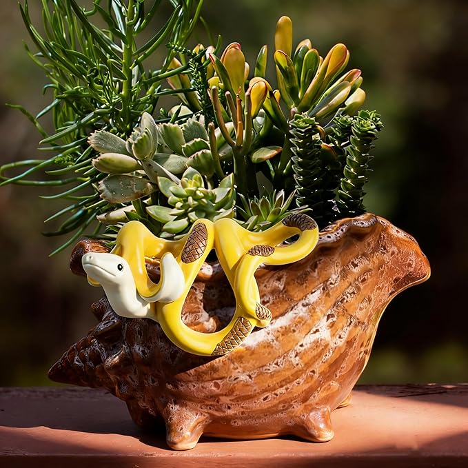 Banana Snake Figurine Plant Pot Hugger Resin Miniature Hanging Realistic Banana Snake Statues Plant Decorations Gifts for Outdoor Home Garden Fence Balcony Patio Lawn Yard Ornaments