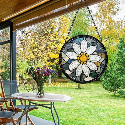 Stained Glass Window Hanging - Yellow White Daisy Birth Flower Suncatcher for Door Garden Yard Sun Catchers Decor Christmas Mother's Day Birthday Gifts for Teacher Women Mom Nana 15 in
