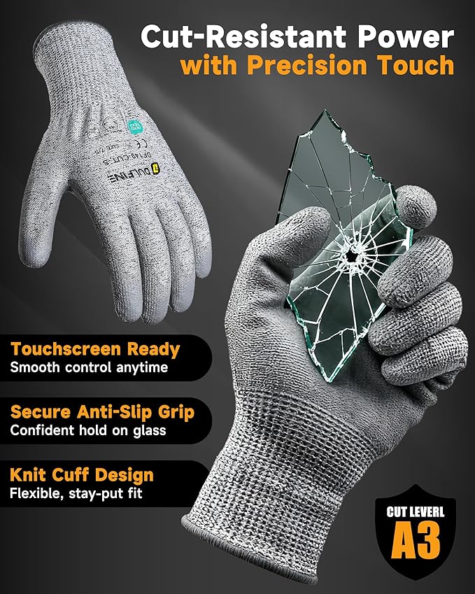 DULFINE ANSI A3 Cut Resistant Work Gloves for Men, 6 Pairs Pack PU Coated,Ideal for Wood working, Glass Cutting, Construction, Cargo Handling, Car Repair(Large)