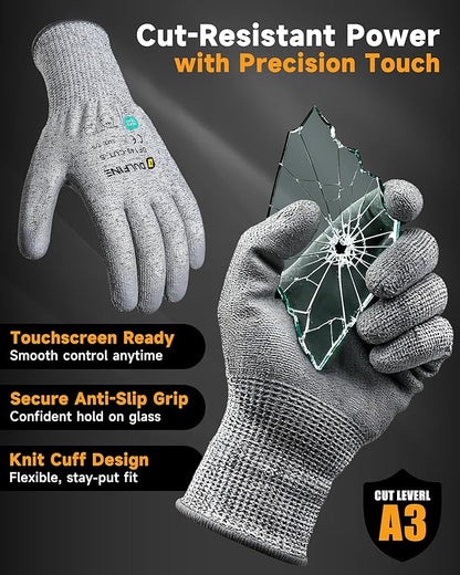 DULFINE ANSI A3 Cut Resistant Work Gloves for Men, 6 Pairs Pack PU Coated,Ideal for Wood working, Glass Cutting, Construction, Cargo Handling, Car Repair(Large)