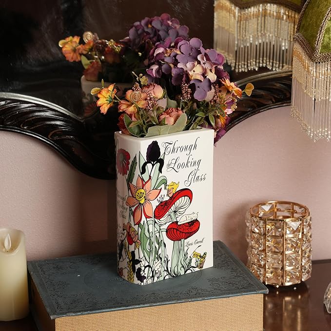 Ceramic Book Vase for Flowers, Home Decor - Cute Bookshelf Decor, Book Lovers Gift - Unique Large Accent for Bedroom/Office (Through The Looking Glass)