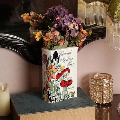 Ceramic Book Vase for Flowers, Home Decor - Cute Bookshelf Decor, Book Lovers Gift - Unique Large Accent for Bedroom/Office (Through The Looking Glass)