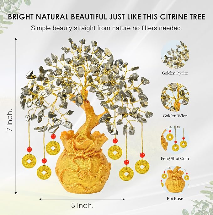Pyrite Crystal Tree with Artificial Coin Pot Base Bonsai for Home & Office Decor Good Luck 6 Feng Shui Coins Money Wealth Tree Golden Crystal Spiritual Gifts for Women Mom Sister Desk Bookshelf Decor