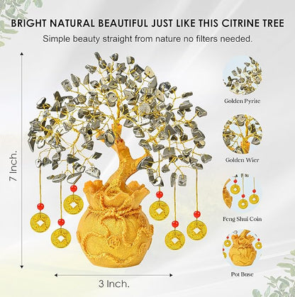 Pyrite Crystal Tree with Artificial Coin Pot Base Bonsai for Home & Office Decor Good Luck 6 Feng Shui Coins Money Wealth Tree Golden Crystal Spiritual Gifts for Women Mom Sister Desk Bookshelf Decor
