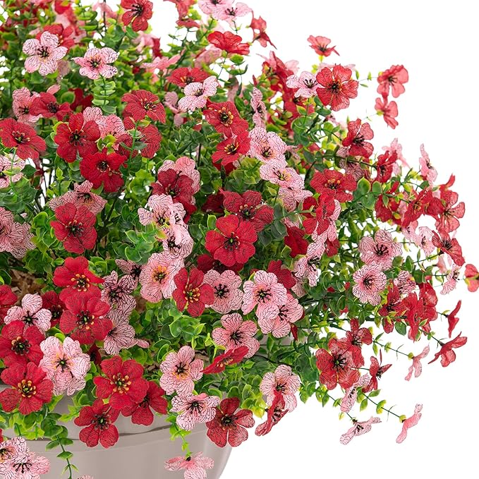 Artificial Fake Mums Flowers for Outdoor Spring Summer Decor, 12 Bundles Faux Silk Plants Daisy for Planter Pot Colorful UV Resistant Look Real for Front Door Porch Patio Outside Yard(Red Pink)
