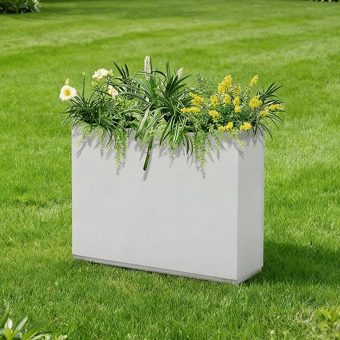 Large Metal Planters for Outdoor Plants, Tall Rectangular Outdoor Planter Box for Patio, Garden, with Drainage Holes (35" L x 9" W x 26" H, White)