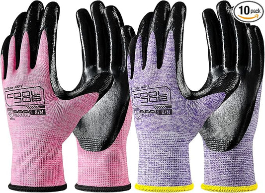 COOLJOB 10 Pairs Nitrile Dipped Rubber Coated Safety Work Gloves with Grip, Non-slip Bulk Gardening Roofing Gloves for Ladies Women, Oil-resistant Gear for Package Handler, Warehouse Worker, Medium